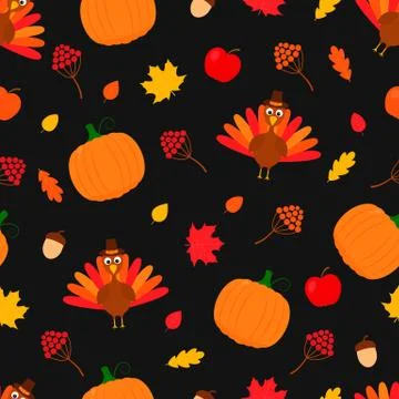 Thanksgiving day seamless pattern. Cute cartoon seasonal elements.  Easy to e Illustrazione stock