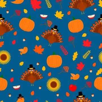 Thanksgiving day seamless pattern. Cute cartoon seasonal elements.  Easy to e Illustrazione stock