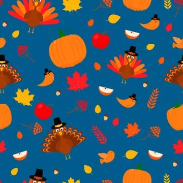 Thanksgiving day seamless pattern. Cute cartoon seasonal elements.  Easy to e Stock Illustration