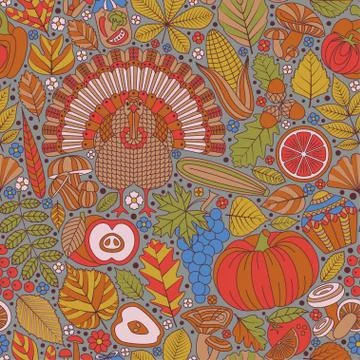 Thanksgiving day seamless pattern. Various elements for design. Cartoon vector Stock Illustration