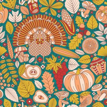 Thanksgiving day seamless pattern. Various elements for design 스톡 일러스트
