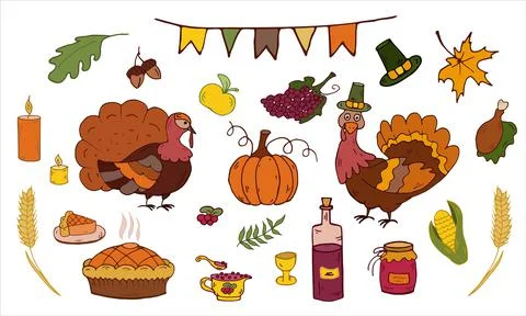 Thanksgiving day set. Elements celebration harvest. Cartoon icons, stickers.  Stock Illustration