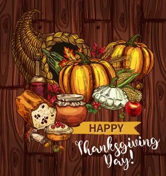 Thanksgiving day sketch vector cornucopia poster Stock Illustration