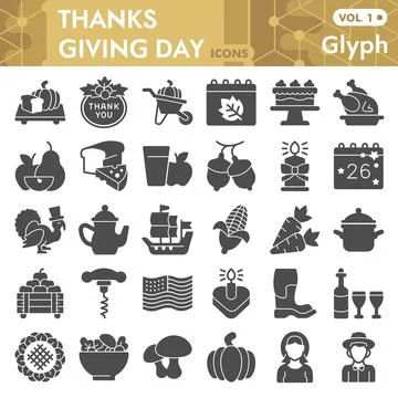 Thanksgiving Day solid icon set, autumn holiday symbols collection or sketches Stock Illustration