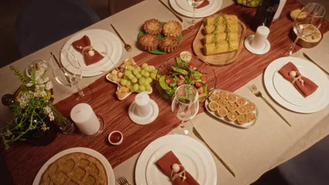 Thanksgiving Dining Table with Food Awaiting Holiday Celebration Stock Footage 344864831