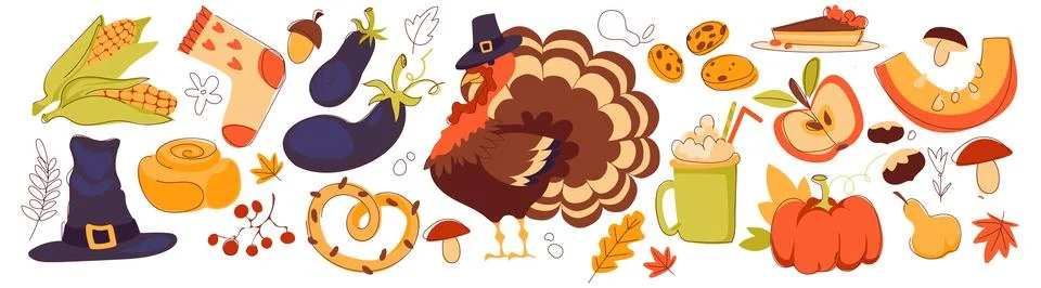 Thanksgiving dinner elements with pie and turkey Stock Illustration