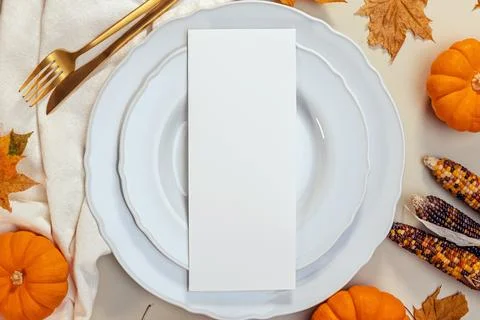 Thanksgiving Dinner menu mock-up, fall table setting top view Stock Photos