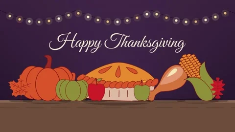 Thanksgiving dinner table with pie and pumpkins under twinkling string lights Stock Footage 348617286