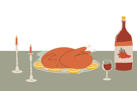 Thanksgiving dinner table with roasted turkey, candles, wine, and orange slices Stock Illustration