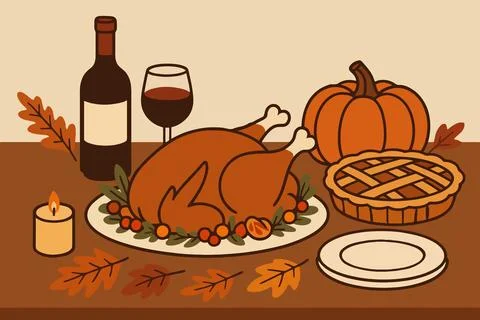 Thanksgiving dinner table setting with roasted turkey 스톡 일러스트