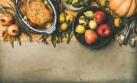 Thanksgiving dinner table setting with roasted chicken or turkey Stock Photos