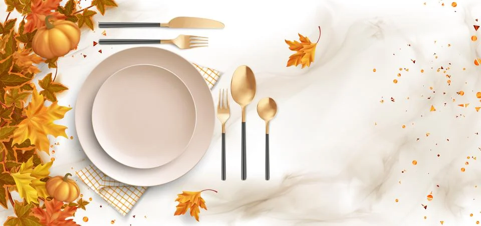 Thanksgiving dinner table setting top view Stock Illustration