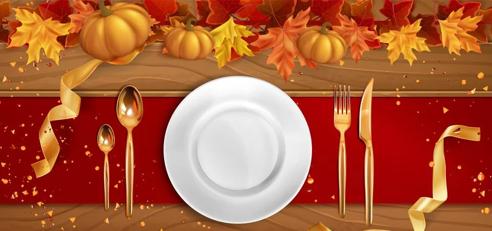 Thanksgiving dinner table setting top view Stock Illustration