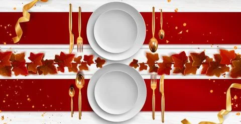 Thanksgiving dinner table setting top view Stock Illustration