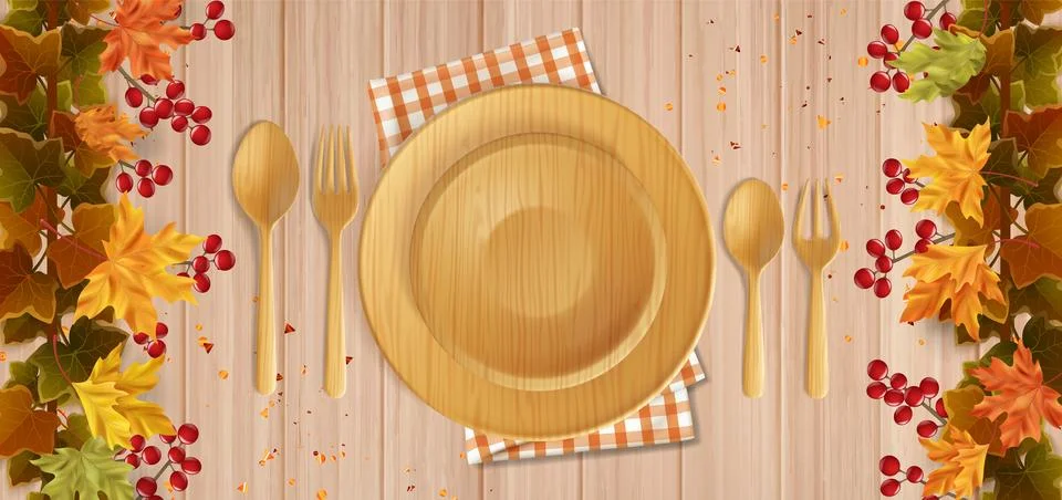 Thanksgiving dinner table setting top view Stock Illustration