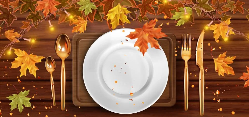Thanksgiving dinner table setting top view Stock Illustration