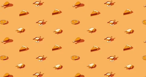 Thanksgiving dinner themed isometric pattern loop animation on orange background Stock Footage 319412152