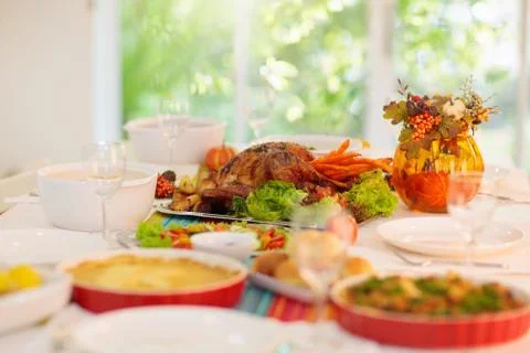 Thanksgiving dinner. Turkey table setting. Stock Photos