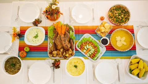 Thanksgiving dinner. Turkey table setting. Stock Photos