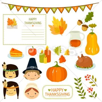Thanksgiving Elements in Flat Style, Vector Illustration Stock Illustration