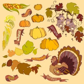 Thanksgiving elements set isolated on light background Stock Illustration