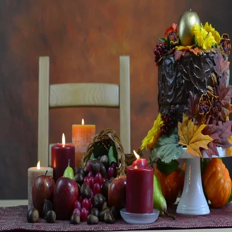 Thanksgiving Fall table setting with Autumn theme chocolate cake Stock Footage 69726970