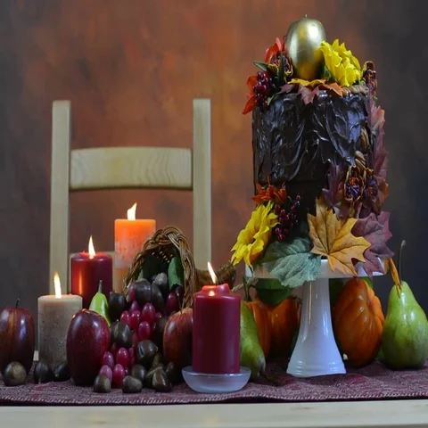 Thanksgiving Fall table setting with Autumn theme chocolate cake Stock Footage 69727530