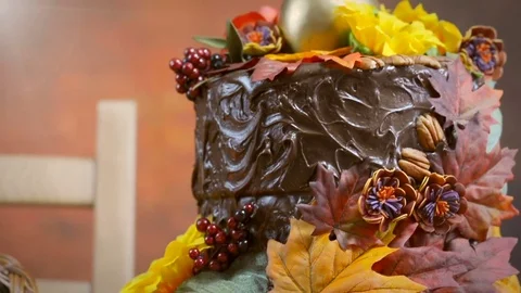 Thanksgiving Fall table setting with Autumn theme chocolate cake, fruit, corn Stock Footage 81728309