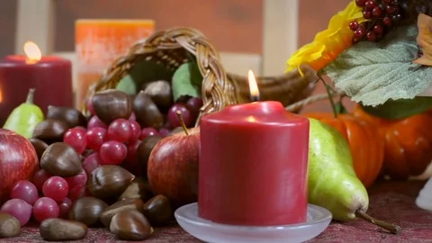 Thanksgiving Fall table setting with Autumn theme chocolate cake, fruit, corn Stock Footage 81728585