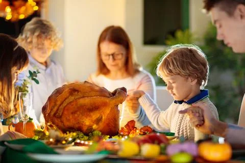 Thanksgiving family dinner. Roasted turkey meal. Stock Photos
