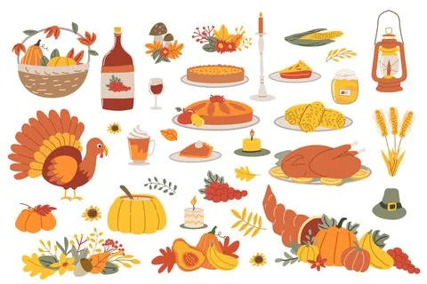 Thanksgiving feast elements with turkey, pumpkin, corn, and autumn decorations Stock Illustration
