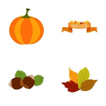 Thanksgiving flat icons set featuring pumpkin autumn leaves イラスト素材