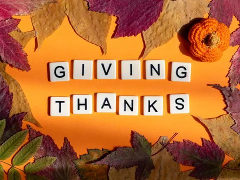 Thanksgiving flat lay composition. phrase Giving thanks in frame of autumn le Stock Photos