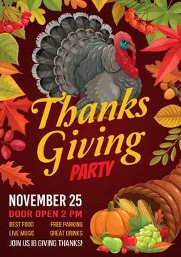 Thanksgiving flyer, turkey, cornucopia, fall leaf Stock Illustration