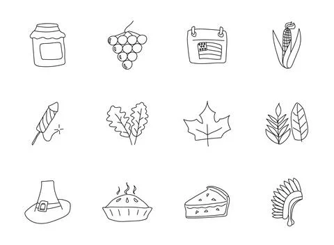 Thanksgiving hand drawn linear vector icons Stock Illustration