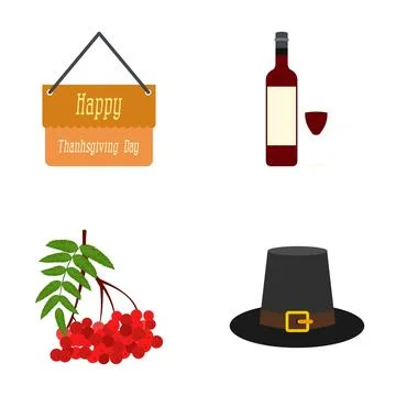 Thanksgiving holiday elements with pilgrim hat and wine 库存插图