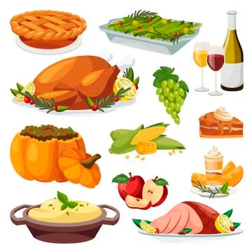 Thanksgiving holiday menu design elements. Vector flat cartoon illustration. 스톡 일러스트