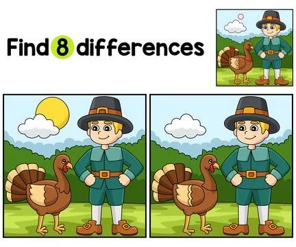 Thanksgiving Pilgrim Boy Find The Differences Stock Illustration