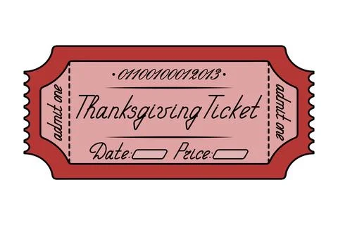 Thanksgiving. Red ticket admit one. Date and price are listed. Cartoon style. Stock Illustration