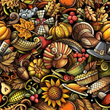 Thanksgiving Seamless Doodle Pattern with Harvest Symbols イラスト素材
