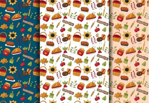 Thanksgiving seamless pattern background set. Traditional holiday food Stock Illustration