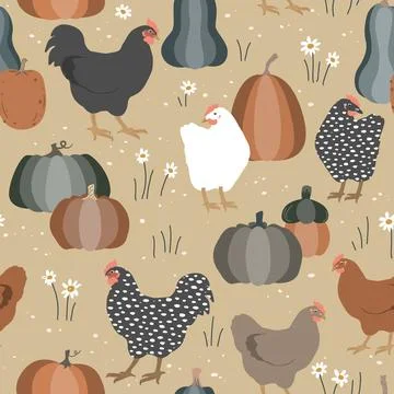 Thanksgiving seamless pattern with chicken, pumpkins, and daisy flowers. Au.. Stock Illustration