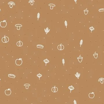 Thanksgiving seamless pattern with white line icons of turkey, pumpkin, apple Stock Illustration