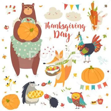 Thanksgiving set with cute forest animals Stock Illustration