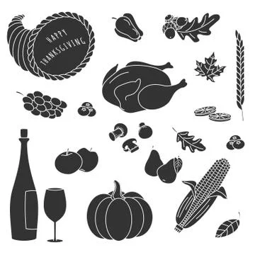 Thanksgiving silhouette elements. Illustrazione stock