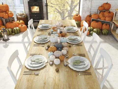 Thanksgiving table in an apartment. 3D rendering. thanksgiving concept. Stock Illustration