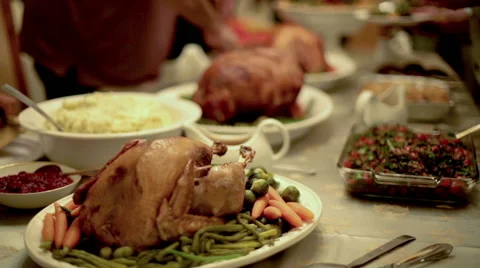 Thanksgiving Table Carving Turkey Ham Mashed Potatoes Side Dishes Stock Footage 44396335