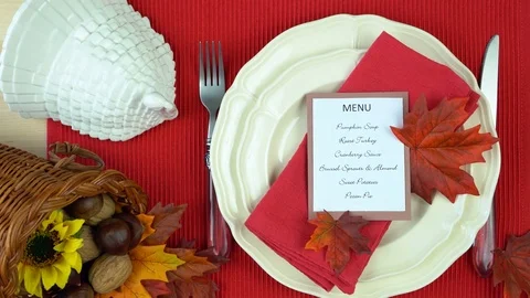 Thanksgiving table close up, laying out individual place setting time lapse. Stock Footage 80241622