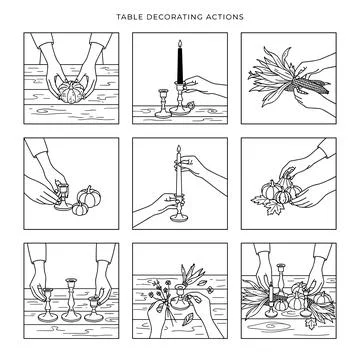 Thanksgiving table setting actions, line art illustrations, decorating with.. Stock Illustration