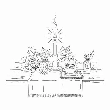 Thanksgiving table setting illustration, candle, pumpkins, leaves, autumn d.. Иллюстрация